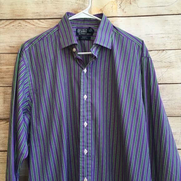POLO RALPH LAUREN REGENT CLASSIC FIT SHIRT IN PURPLE AND GREEN STRIPES - Picture 5 of 5
